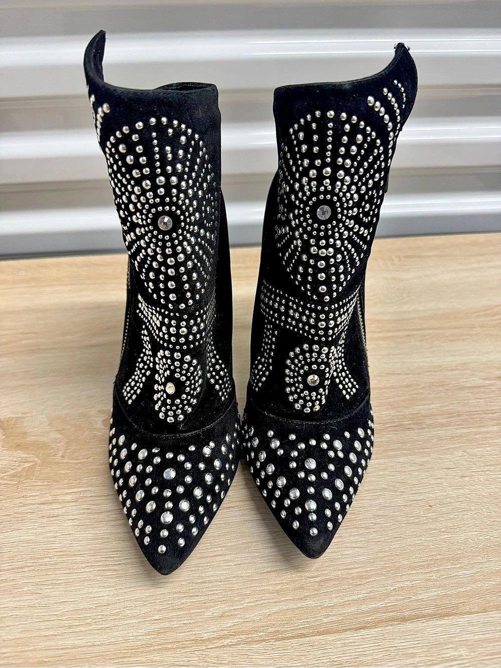 Queen Black Studded Pointed-Toe Heeled Boots